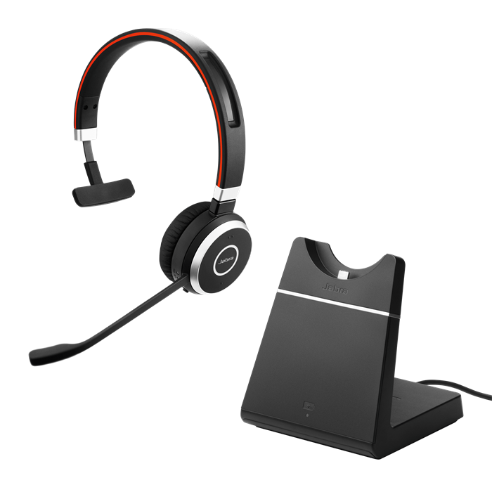 Produktbillede af Jabra Evolve 65 MS Mono headset med ladestander. Jabre evolve 65 med ladestander.