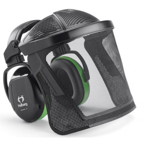 Produktbillede af Secure 1H høreværn + nylonnet visir. Kombination af Secure 1 høreværn og Safe visir i nylonnet.