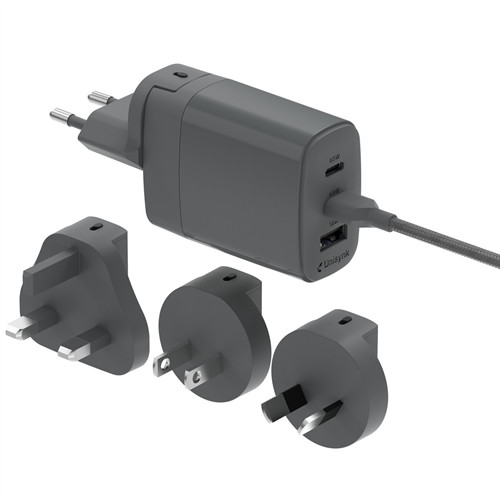 Unisynk 3 Port Global Multi-Oplader Sæt 2C1A 65W Grå